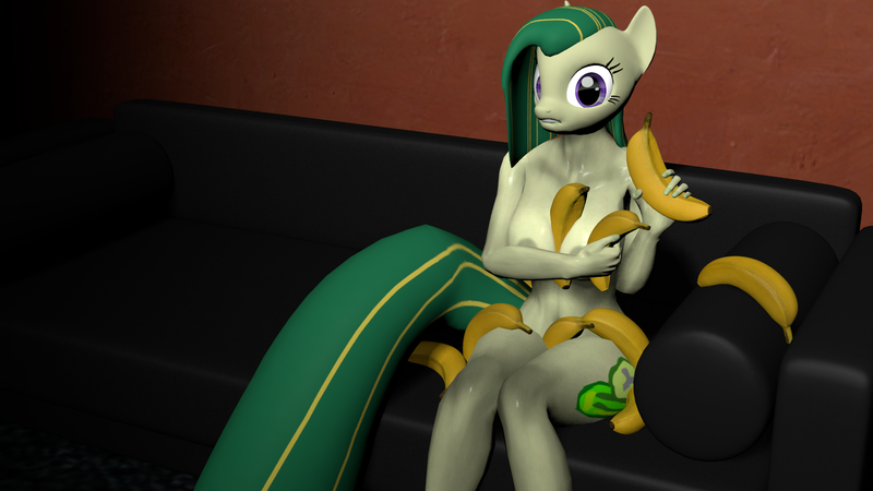 Size: 1920x1080 | Tagged: 3d, anthro, anthro oc, artist:thatgodawfulpinkthing, banana, breasts, complete nudity, couch, derpibooru import, female, food, mare, nipples, nudity, oc, oc:cucumbersalad, solo, solo female, source filmmaker, strategically covered, suggestive, surprised, unofficial characters only