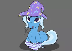 Size: 1280x908 | Tagged: safe, artist:sins-art-place, derpibooru import, trixie, pony, :p, chest fluff, clothes, cute, diatrixes, dock, eye clipping through hair, female, gray background, hat, mare, no catchlights, no pupils, prone, simple background, socks, solo, striped socks, tongue out, trixie's hat