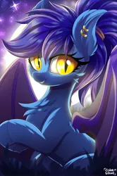 Size: 1361x2048 | Tagged: safe, artist:ask-colorsound, derpibooru import, oc, oc:evening lily, unofficial characters only, bat, bat pony, pony, bat pony oc, bat wings, cheek fluff, chest fluff, commission, cute, dawwww, ear fluff, ear piercing, female, hooves together, looking at you, moon, night, piercing, ponytail, sitting, smiling, solo, spread wings, stars, wings