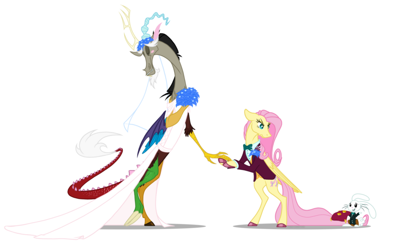 Size: 3416x2123 | Tagged: safe, artist:grievousfan, derpibooru import, angel bunny, discord, fluttershy, draconequus, pegasus, pony, rabbit, she talks to angel, animal, annoyed, bipedal, blush sticker, blushing, bouquet, bowtie, clothes, colored hooves, crossdressing, description at source, description in comments, digital art, discoshy, dress, eyes closed, female, floral head wreath, flower, fluttershy is not amused, friendshipping, frown, jewelry, male, mare, poison joke, ring, shipping, shrug, simple background, straight, transparent background, trio, tuxedo, unamused, wedding dress, wedding ring