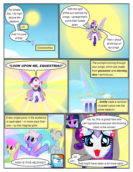 Size: 612x792 | Tagged: safe, artist:newbiespud, derpibooru import, edit, edited screencap, screencap, derpy hooves, merry may, rainbow dash, rainbowshine, rarity, twilight sparkle, pegasus, pony, unicorn, comic:friendship is dragons, angry, artificial wings, augmented, background pony, cheering, comic, dialogue, eyelashes, eyes closed, female, flying, lipstick, magic, magic wings, mare, screencap comic, spread wings, sun, sweat, unicorn twilight, wings