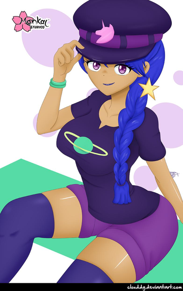 Size: 783x1244 | Tagged: safe, alternate version, artist:clouddg, derpibooru import, space camp (character), human, equestria girls, equestria girls series, spoiler:eqg series (season 2), big breasts, breasts, busty frankle, busty space camp, cap, clothes, female, hat, human coloration, looking at you, shorts, signature, smiling, socks, solo, thigh highs, thighs, wide hips, zettai ryouiki