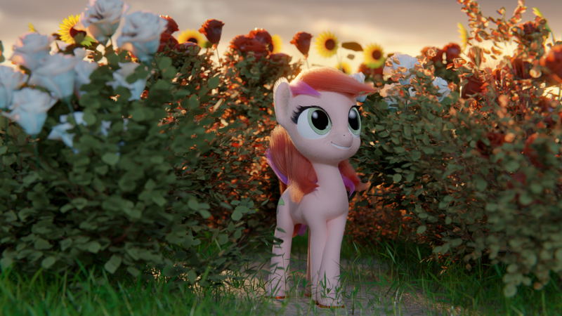 Size: 1920x1080 | Tagged: safe, artist:gabe2252, derpibooru import, roseluck, earth pony, pony, 3d, blender, bush, female, mare, outdoors, smiling, solo