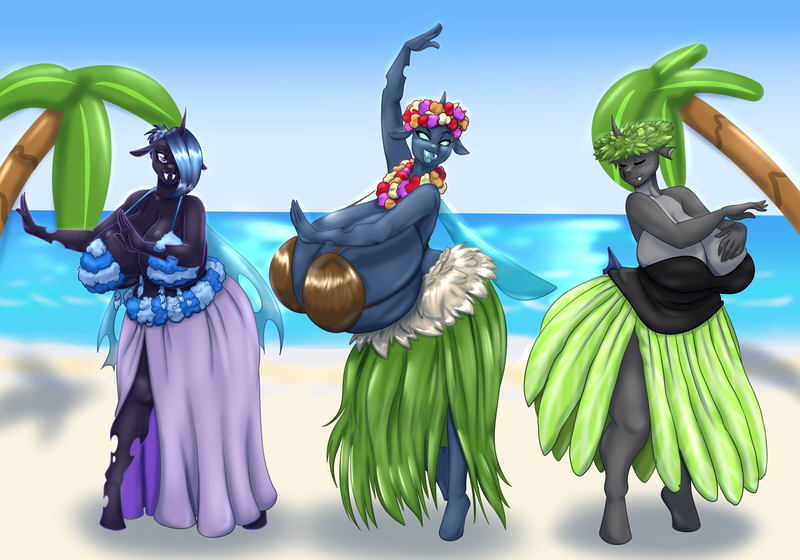 Size: 3800x2660 | Tagged: anthro, anthro oc, artist:blues64, artist:marauder6272, beach, big breasts, bikini, bikini top, blue changeling, breasts, busty changeling, changeling, changeling oc, clothes, coconut, coconut bikini, derpibooru import, food, huge breasts, hula dance, hyper, hyper breasts, impossibly large breasts, oc, oc:cyanne, oc:sektiss, oc:sinyxstra, palindrome get, palm tree, questionable, smiling, swimsuit, tree, unguligrade anthro, unofficial characters only