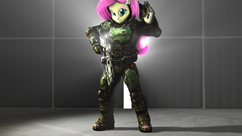 Size: 3840x2160 | Tagged: safe, artist:popa-3d-animations, derpibooru import, fluttershy, equestria girls, 3d, armor, clothes, cosplay, costume, doom, doom slayer, gun, power armor, rifle, solo, weapon