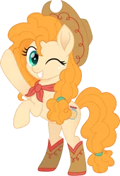 Size: 1020x1500 | Tagged: safe, artist:cloudyglow, derpibooru import, pear butter, earth pony, pony, beautiful, boots, clothes, cowboy boots, cowboy hat, cowgirl, cute, digital art, female, hat, mare, movie accurate, one eye closed, pearabetes, rearing, shoes, simple background, smiling, solo, stetson, transparent background, vector, wink