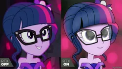 Size: 4207x2366 | Tagged: safe, artist:aryatheeditor, derpibooru import, sci-twi, twilight sparkle, equestria girls, legend of everfree, bare shoulders, comparison, crystal gala, crystal gala dress, cutie mark, digital art, element of magic, geode of telekinesis, glasses, high quality, low quality, magical geodes, meme, sleeveless, smiley face, smiling, solo, strapless