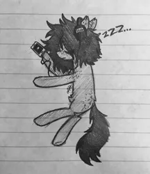 Size: 1772x2048 | Tagged: safe, artist:modocrisma, derpibooru import, oc, oc:sobakasu, unofficial characters only, earth pony, pony, doodle, fluffy, freckles, headphones, implied nudity, lying down, male, monochrome, pencil drawing, phone, photo, ponysona, sleep deprivation, sleeping, solo, teenager, tired, traditional art, watermark