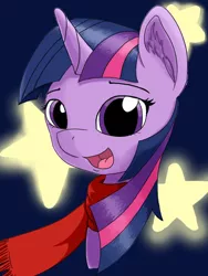 Size: 818x1086 | Tagged: safe, artist:mediocre, derpibooru import, twilight sparkle, pony, clothes, looking at you, scarf, simple background, smiling at you, stars