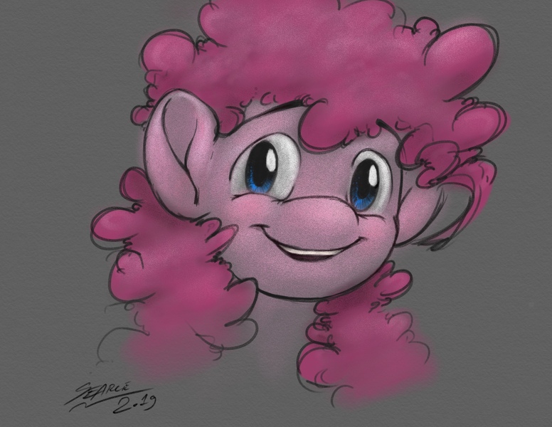 Size: 3300x2550 | Tagged: safe, artist:rigbyh00ves, derpibooru import, pinkie pie, earth pony, pony, digital art, digital painting, gray background, happy, image, jpeg, signature, simple background, solo