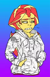 Size: 834x1290 | Tagged: suggestive, artist:fuzzyfurvert, derpibooru import, adagio dazzle, aria blaze, sonata dusk, sunset shimmer, equestria girls, ahegao, ahegao dazzle, clothes, disguise, disguised siren, embarrassed, faic, gradient background, hoodie, implied lesbian, implied orgasm, implied sex, implied shipping, meme, open mouth, simple background, solo, the dazzlings, tongue out