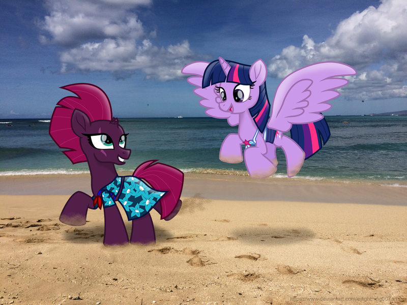 Size: 3264x2448 | Tagged: safe, artist:ejlightning007arts, derpibooru import, fizzlepop berrytwist, tempest shadow, twilight sparkle, twilight sparkle (alicorn), alicorn, pony, unicorn, beach, bikini, broken horn, clothes, cute, equestria girls outfit, eye scar, female, flying, hawaii, horn, lesbian, ocean, open mouth, running, scar, shipping, swimsuit, tempestlight