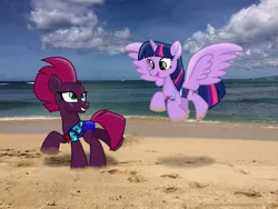 Size: 3264x2448 | Tagged: safe, alternate version, artist:ejlightning007arts, derpibooru import, edit, fizzlepop berrytwist, tempest shadow, twilight sparkle, twilight sparkle (alicorn), alicorn, pony, unicorn, beach, bikini, broken horn, clothes, cute, equestria girls outfit, eye scar, female, flying, hawaii, horn, lesbian, ocean, open mouth, running, scar, shipping, swimsuit, tempestlight