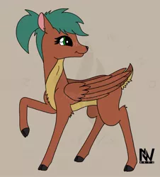 Size: 845x935 | Tagged: artist:nightwind-arts, deer, deer pony, derpibooru import, doe, female, folded wings, freckles, looking back, oc, oc:gale wind, original species, peryton, raised leg, safe, smiling, solo, standing, unofficial characters only, wings