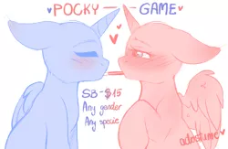 Size: 2436x1586 | Tagged: advertisement, artist:adostume, auction, blushing, commission, couple, cute, derpibooru import, food, halfbody, paypal, pocky, safe, shipping, ych sketch, your character here