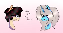 Size: 882x460 | Tagged: safe, artist:chazmazda, artist:timidwithapen, derpibooru import, oc, oc:charlie gallaxy-starr, oc:timid cookie, unofficial characters only, alicorn, earth pony, pony, ;p, bust, duo, one eye closed, portrait, tongue out, wink