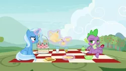 Size: 1920x1080 | Tagged: artist needed, safe, derpibooru import, edit, edited screencap, screencap, spike, trixie, student counsel, apple, apple tree, basket, blushing, blush sticker, cup, female, food, gem, male, muffin, picnic, picnic basket, picnic blanket, sandwich, shipping, spixie, straight, tea, teacup, teapot, tree