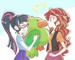 Size: 1697x1352 | Tagged: safe, artist:5mmumm5, derpibooru import, sci-twi, sunset shimmer, twilight sparkle, bird, parakeet, equestria girls, equestria girls series, rollercoaster of friendship, clothes, cute, female, geode of empathy, glasses, happy, it's not about the parakeet, jacket, leather jacket, lesbian, magical geodes, plushie, scitwishimmer, shipping, smiling, sunsetsparkle, twiabetes