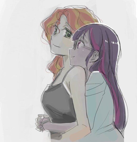 Size: 1108x1155 | Tagged: safe, artist:5mmumm5, derpibooru import, sci-twi, sunset shimmer, twilight sparkle, equestria girls, female, hug, hug from behind, lesbian, scitwishimmer, shipping, sleeveless, sunsetsparkle