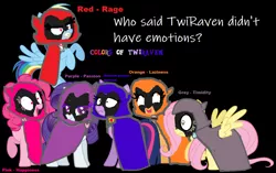 Size: 1024x645 | Tagged: 1000 hours in ms paint, amulet, angry, applejack, black background, blueish-purple, burger, cloak, clothes, colors of raven, cute, derp, derpibooru import, emotions, flower, flutter raven, fluttershy, food, furious, gray, gray eyes, hamburger, happiness, happy, heart, jewelry, joy, laziness, lazy, normal, orange, passion, pink, pink eyes, pinkie pie, pinkie raven, purple, purple eyelashes, purple eyes, rage, rainbow dash, rariraven, rarity, rave-bow dash, ravenjack, raven (teen titans), red, red eyes, sad, safe, scared, simple background, skull, smiling, teardrop, teen titans go, text, timid, twilight sparkle, twiraven, voice actor joke