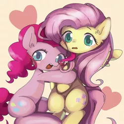 Size: 2000x2000 | Tagged: safe, artist:770nanao15, derpibooru import, fluttershy, pinkie pie, earth pony, pegasus, pony, female, flutterpie, heart, hug, lesbian, looking at you, shipping