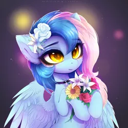 Size: 4380x4381 | Tagged: safe, artist:magnaluna, derpibooru import, oc, oc:chrysocolla dawn, unofficial characters only, pegasus, pony, abstract background, bouquet, bust, choker, cute, female, flower, flower in hair, hoof hold, mare, ocbetes, portrait, solo, spread wings, three quarter view, wings, yellow eyes