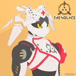 Size: 2400x2400 | Tagged: anthro, artist:mopyr, biomechanoid, black sclera, cyborg, derpibooru import, design, genderless, oc, original species, red cross, safe, science fiction, simple background, solo, unofficial characters only