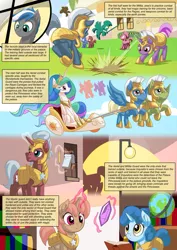 Size: 751x1063 | Tagged: safe, artist:mysticalpha, derpibooru import, princess celestia, oc, oc:cloud zapper, alicorn, earth pony, pegasus, pony, unicorn, comic:cloud zapper and the helm of chaos, armor, book, bookshelf, comic, globe, glowing horn, horn, magic, notepad, pencil, royal guard, royal guard armor, telekinesis, training