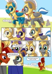 Size: 751x1063 | Tagged: safe, artist:mysticalpha, derpibooru import, oc, oc:captain sunride, oc:cloud zapper, unofficial characters only, pegasus, pony, unicorn, comic:cloud zapper and the helm of chaos, armor, comic, royal guard, royal guard armor