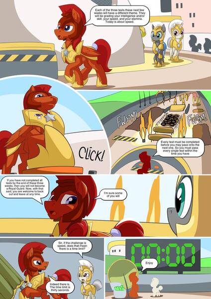 Size: 751x1063 | Tagged: safe, artist:mysticalpha, derpibooru import, oc, oc:captain sunride, oc:cloud zapper, unofficial characters only, earth pony, pegasus, pony, unicorn, comic:cloud zapper and the helm of chaos, armor, comic, royal guard, royal guard armor, training