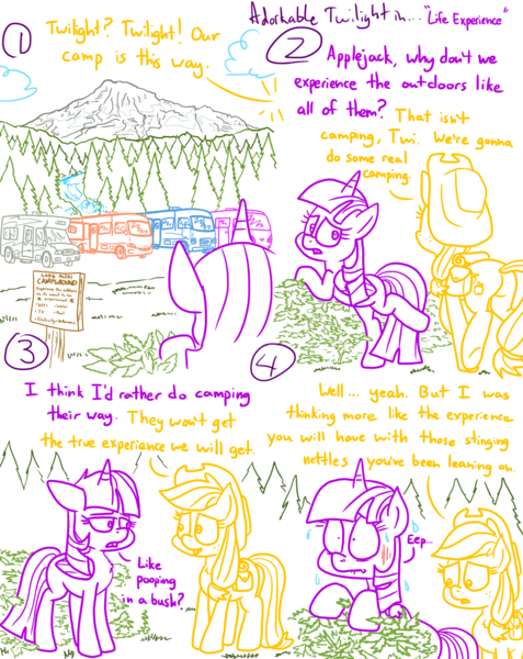 Size: 1280x1611 | Tagged: safe, artist:adorkabletwilightandfriends, derpibooru import, applejack, twilight sparkle, twilight sparkle (alicorn), alicorn, earth pony, pony, comic:adorkable twilight and friends, adorkable, adorkable twilight, butt, campground, camping, comic, cute, dork, female, forest, friendship, funny, humor, mare, motorhome, mountain, nature, nervous, oh shit, plot, poison, rv, scenery, slice of life, stinging nettles, walking, wide eyes