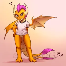 Size: 2375x2375 | Tagged: artist:mykegreywolf, blushing, bottomless, clothes, derpibooru import, dragon, dragoness, edit, featureless crotch, female, gradient background, gym uniform, high res, impatient, looking at you, partial nudity, shirt, smolder, smolder is not amused, solo, suggestive, unamused