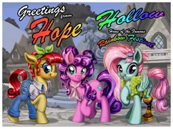 Size: 5698x4253 | Tagged: safe, artist:harwick, derpibooru import, kerfuffle, petunia petals, torque wrench, earth pony, pegasus, pony, rainbow roadtrip, absurd resolution, amputee, building, clothes, cutie mark, digital art, female, hope hollow, looking at you, mare, overalls, postcard, prosthetic leg, prosthetic limb, prosthetics, raised hoof, scenery, smiling, text, town, trio, trio female, village