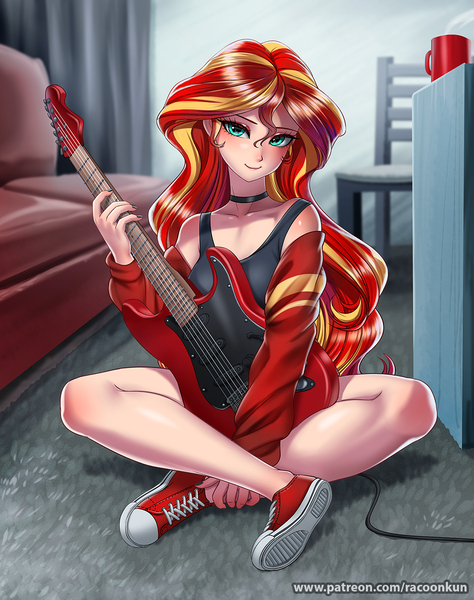 Size: 1000x1265 | Tagged: safe, artist:racoonsan, derpibooru import, sunset shimmer, human, equestria girls, chair, choker, clothes, coffee mug, couch, cute, eyeshadow, guitar, humanized, indoors, legs, looking at you, makeup, mug, musical instrument, nail polish, shimmerbetes, shoes, sitting, smiling, sneakers, solo, tanktop