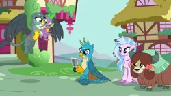 Size: 1920x1080 | Tagged: safe, derpibooru import, screencap, gabby, gallus, silverstream, spike, yona, classical hippogriff, dragon, gryphon, hippogriff, yak, dragon dropped, bag, bow, camera, cloven hooves, colored hooves, cute, diastreamies, female, flying, gabbybetes, gallabetes, hair bow, jewelry, male, monkey swings, necklace, photo, saddle bag, winged spike, yonadorable