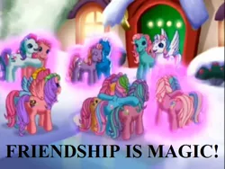 Size: 640x480 | Tagged: safe, derpibooru import, edit, edited screencap, screencap, minty, pinkie pie, pinkie pie (g3), rainbow dash, rainbow dash (g3), sparkleworks, star catcher, sunny daze (g3), thistle whistle, pony, a very minty christmas, background pony, cute, dashabetes, dazeabetes, diapinkes, friendship, g3, hug, ice, magic, magic aura, mintabetes, north pole, snow, sparklebetes, text, thistlebetes