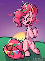 Size: 629x845 | Tagged: artist:duckoiii, candy, cute, derpibooru import, diapinkes, eyes closed, food, lollipop, older, older pinkie pie, open mouth, pinkie pie, safe, solo, teddy bear, the last problem