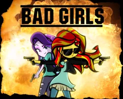 Size: 1044x839 | Tagged: safe, artist:dan232323, derpibooru import, starlight glimmer, sunset shimmer, equestria girls, mirror magic, spoiler:eqg specials, bad boys, beanie, clothes, cool guys don't look at explosions, dress, dual pistols, dual wield, explosion, eyeshadow, female, fire, glock, gun, handgun, hat, jeans, leggings, makeup, movie, pants, pistol, raised eyebrow, sunglasses, torn clothes, weapon