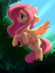 Size: 1500x2000 | Tagged: safe, artist:vensual99, derpibooru import, fluttershy, pegasus, pony, colored hooves, crepuscular rays, cute, ear fluff, female, floppy ears, flying, leg fluff, mare, rcf community, shyabetes, solo, tree