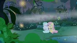 Size: 2200x1238 | Tagged: safe, derpibooru import, screencap, feather flatterfly, fluttershy, pegasus, pony, the summer sun setback, canterlot gardens, duo, female, flower, fog, garden, male, mare, panicking, plant, stallion