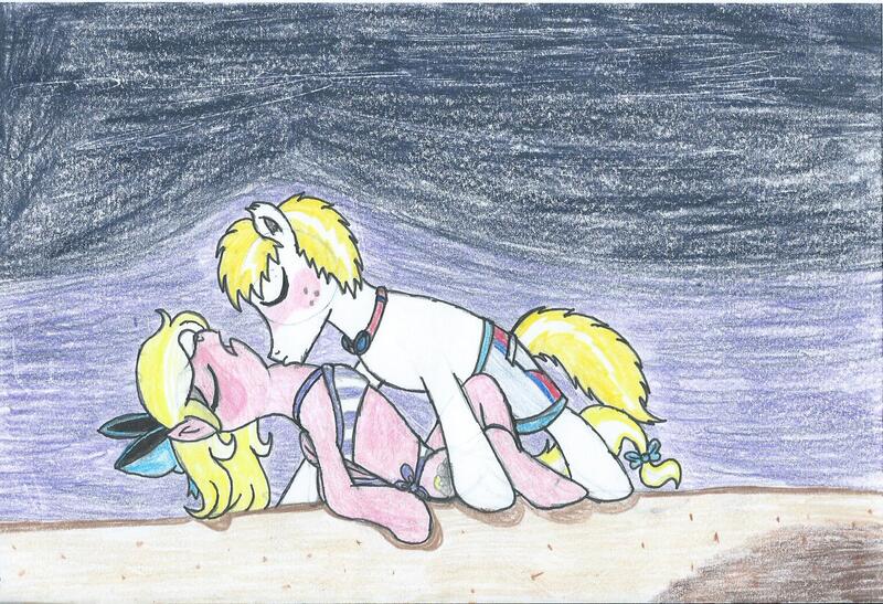 Size: 1689x1155 | Tagged: safe, artist:triforce-treasure, derpibooru import, oc, oc:bay breeze, oc:triforce treasure, earth pony, pegasus, pony, beach, bikini, blushing, clothes, eyes closed, kissing, night, shipping, swimming trunks, swimsuit