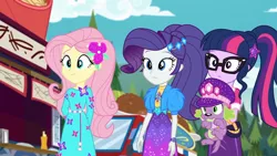 Size: 1920x1080 | Tagged: safe, derpibooru import, screencap, fluttershy, rarity, sci-twi, spike, spike the regular dog, twilight sparkle, dog, equestria girls, equestria girls series, lost and pound, spoiler:choose your own ending (season 2), spoiler:eqg series (season 2), falafel, female, flower, flower in hair, food, food truck, geode of fauna, geode of shielding, geode of telekinesis, glasses, hat, lost and pound: fluttershy, magical geodes, outdoors, ponytail, spike's festival hat, trio, trio female