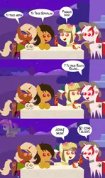Size: 568x960 | Tagged: safe, artist:archooves, derpibooru import, oc, oc:chilenia, oc:nucita, oc:princess peruvia, oc:tailcoatl, ponified, unofficial characters only, pony, arepa, chile, comic, dialogue, female, food, hat, hot sauce, looking at each other, mare, mexico, nation ponies, open mouth, peru, pointy ponies, smiling, spanish, speech bubble, venezuela, watermark