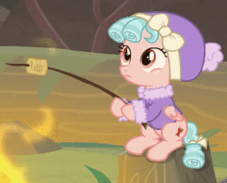 Size: 328x264 | Tagged: safe, derpibooru import, screencap, cozy glow, pegasus, pony, frenemies (episode), animated, aweeg*, campfire, clothes, cozybetes, cropped, cute, daaaaaaaaaaaw, eating, female, filly, foal, food, funny background event, gif, hat, marshmallow, nom, puffy cheeks, pure concentrated unfiltered evil of the utmost potency, pure unfiltered evil, small devil eating, solo, tree stump, winter outfit