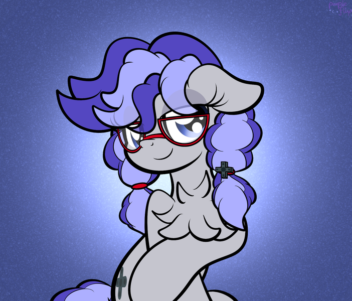 Size: 1798x1536 | Tagged: safe, artist:kimjoman, artist:purpleflixie, derpibooru import, oc, oc:cinnabyte, unofficial characters only, earth pony, pony, chest fluff, commission, earth pony oc, female, fluffy, glasses, lidded eyes, mare, smiling, smug, solo, your character here