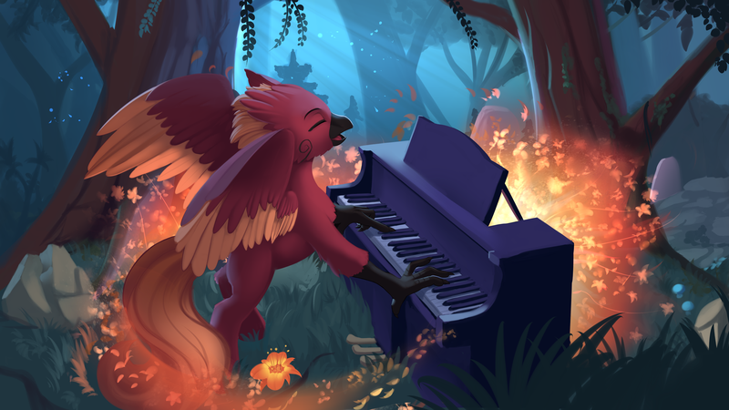 Size: 6192x3483 | Tagged: artist:discordthege, classical hippogriff, commission, derpibooru import, eyes closed, flower, forest, hippogriff, hippogriff oc, musical instrument, oc, oc:arcus flamefeather, piano, safe, solo, unofficial characters only