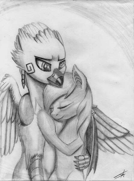 Size: 2476x3331 | Tagged: safe, derpibooru import, oc, oc:arcus, oc:arcus flamefeather, bat pony, hippogriff, pony, hug