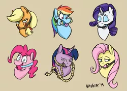 Size: 1323x949 | Tagged: suggestive, artist:bitshift, derpibooru import, applejack, fluttershy, pinkie pie, rainbow dash, rarity, twilight sparkle, pony, ballgag, bit gag, bondage, female, femsub, gag, looking at you, mane six, mare, submissive