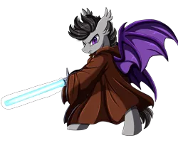 Size: 2969x2386 | Tagged: safe, artist:pridark, derpibooru import, oc, unofficial characters only, bat pony, bat pony oc, bat wings, clothes, crossover, disney, high res, jedi, lightsaber, male, simple background, solo, star wars, transparent background, weapon, wings