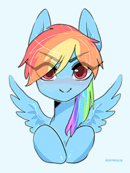 Size: 500x666 | Tagged: safe, artist:seamaggie, derpibooru import, rainbow dash, pegasus, pony, animated, blinking, blushing, bust, cute, dashabetes, eye clipping through hair, eyebrows visible through hair, female, flapping, gif, looking at you, mare, portrait, solo, wing flap